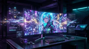Futuristic neural diffusion workstation with latent space particle nodes forming an anime companion portrait on an ultrawide monitor