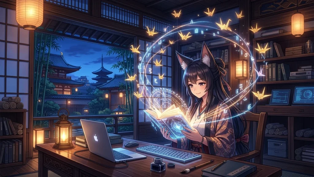 Anime kitsune scholar in futuristic Kyoto library projecting Lorebook memory threads