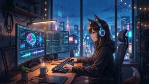 Anime fox-eared creator at dual-monitor Tokyo workstation displaying neural memory waveforms
